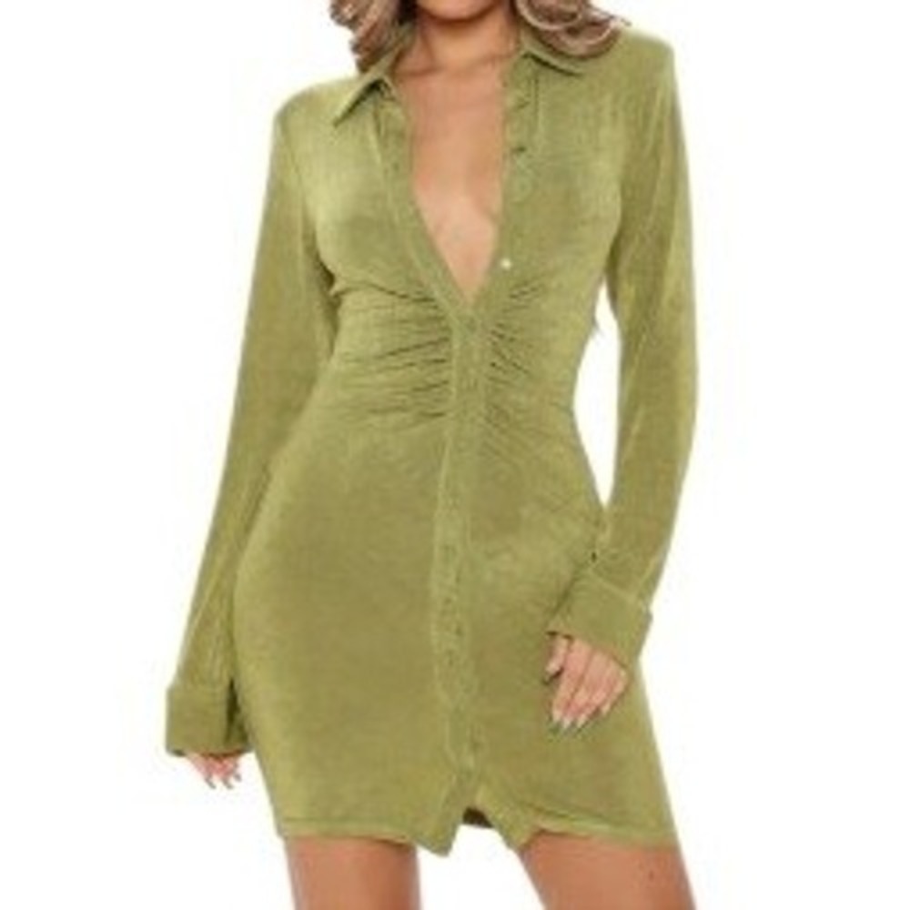 12th Tribe Olive Green Long Sleeve Ruched Button Up Stretch Mini Dress Size S